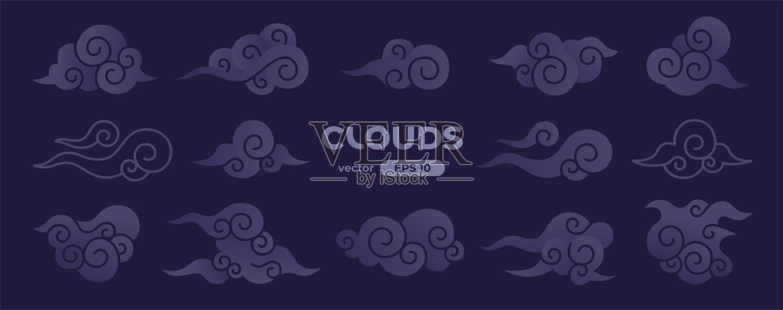 中国的云朵被孤立在黑暗的背景上。日本,韩国,亚洲传统风格元素。标志和图标收集。蓝色的颜色。简单的卡通设计。平面风格矢量插图。插画图片素材