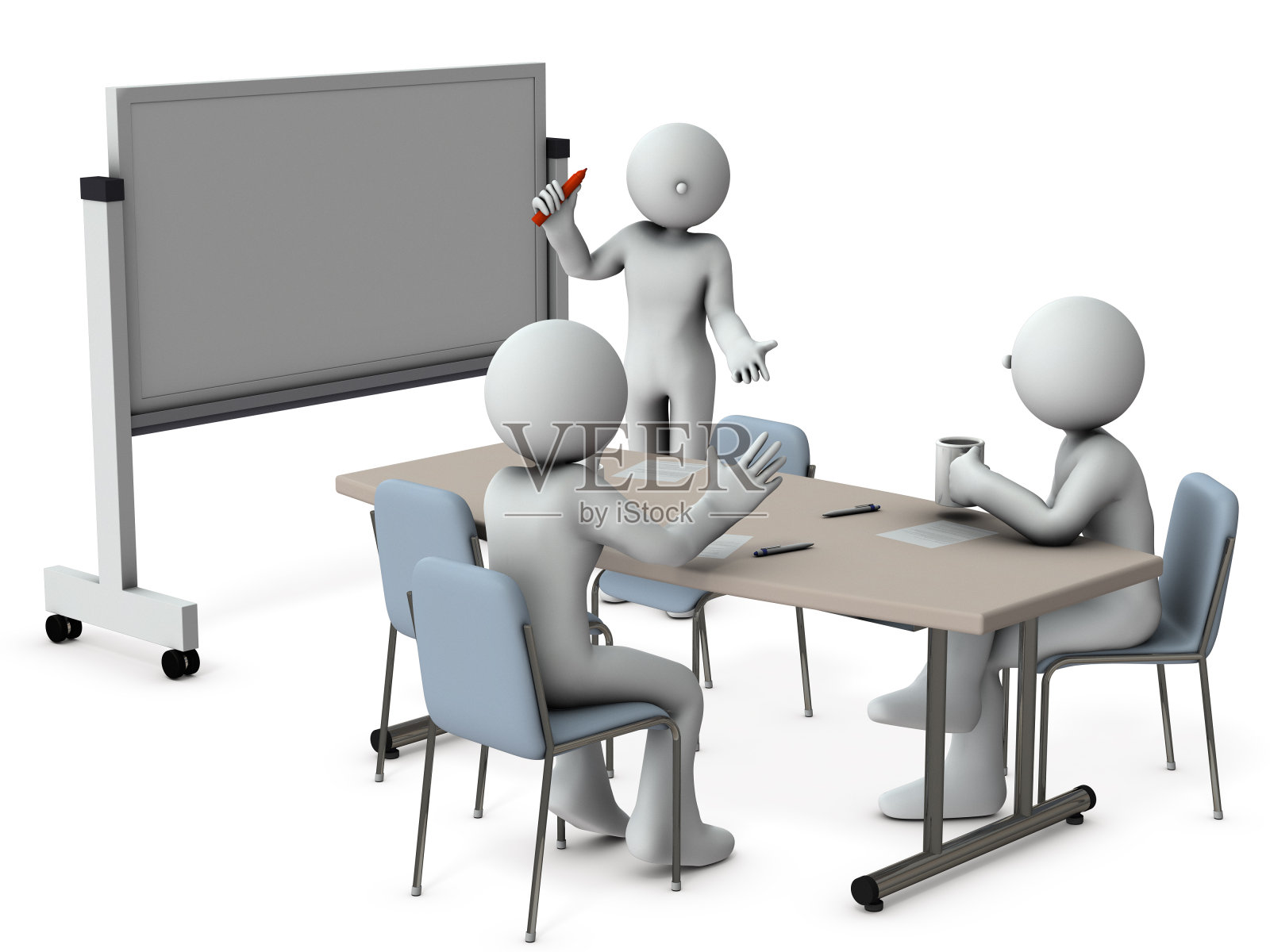 在白板前,商人们正在开会。与会者聚集在会议桌旁。建设性和热情的讨论。3 d渲染。白色背景。照片摄影图片