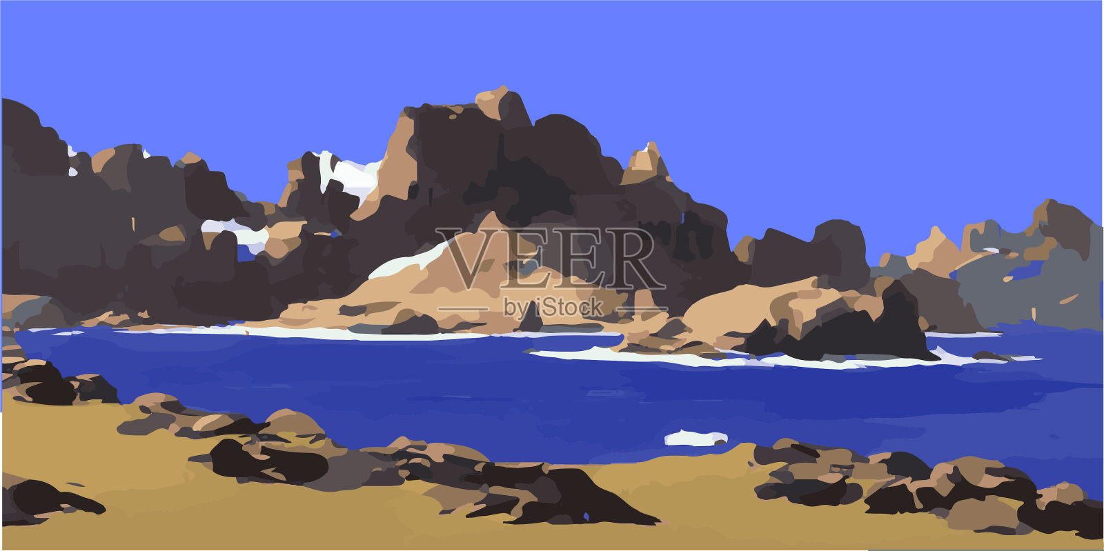 高山和大海。矢量插图。元素在向量文件中被单独分层。插画图片素材