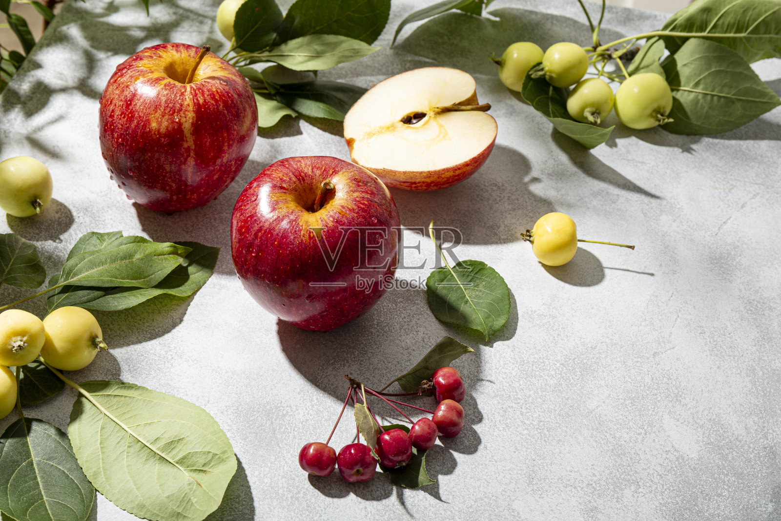 成熟的红苹果和小绿苹果在浅灰色的背景,苹果收获的背景,复制空间为文字照片摄影图片