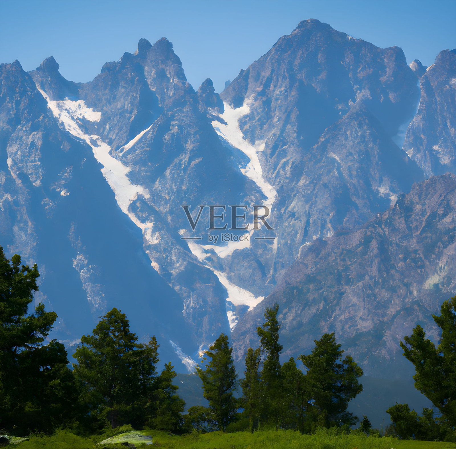 在阳光明媚的日子里,被白雪覆盖的落基山脉被绿色植物包围照片摄影图片