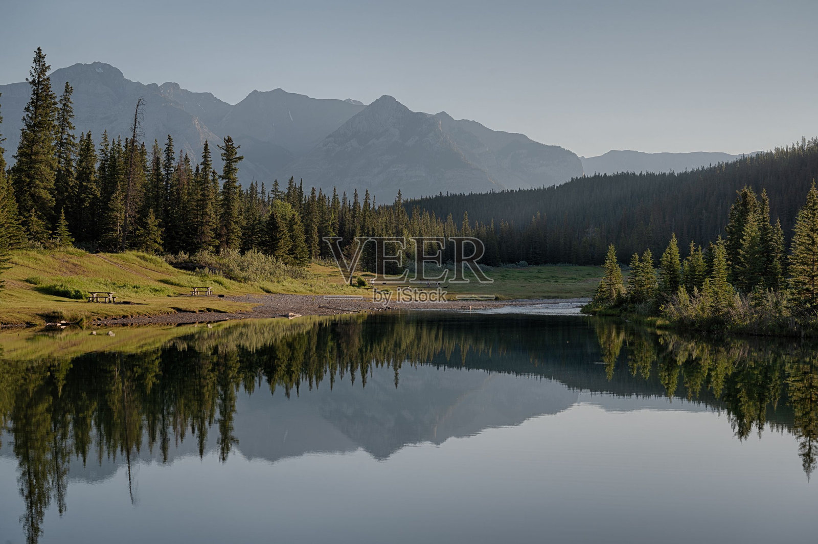 松树林和山景倒映在宁静的湖面上照片摄影图片