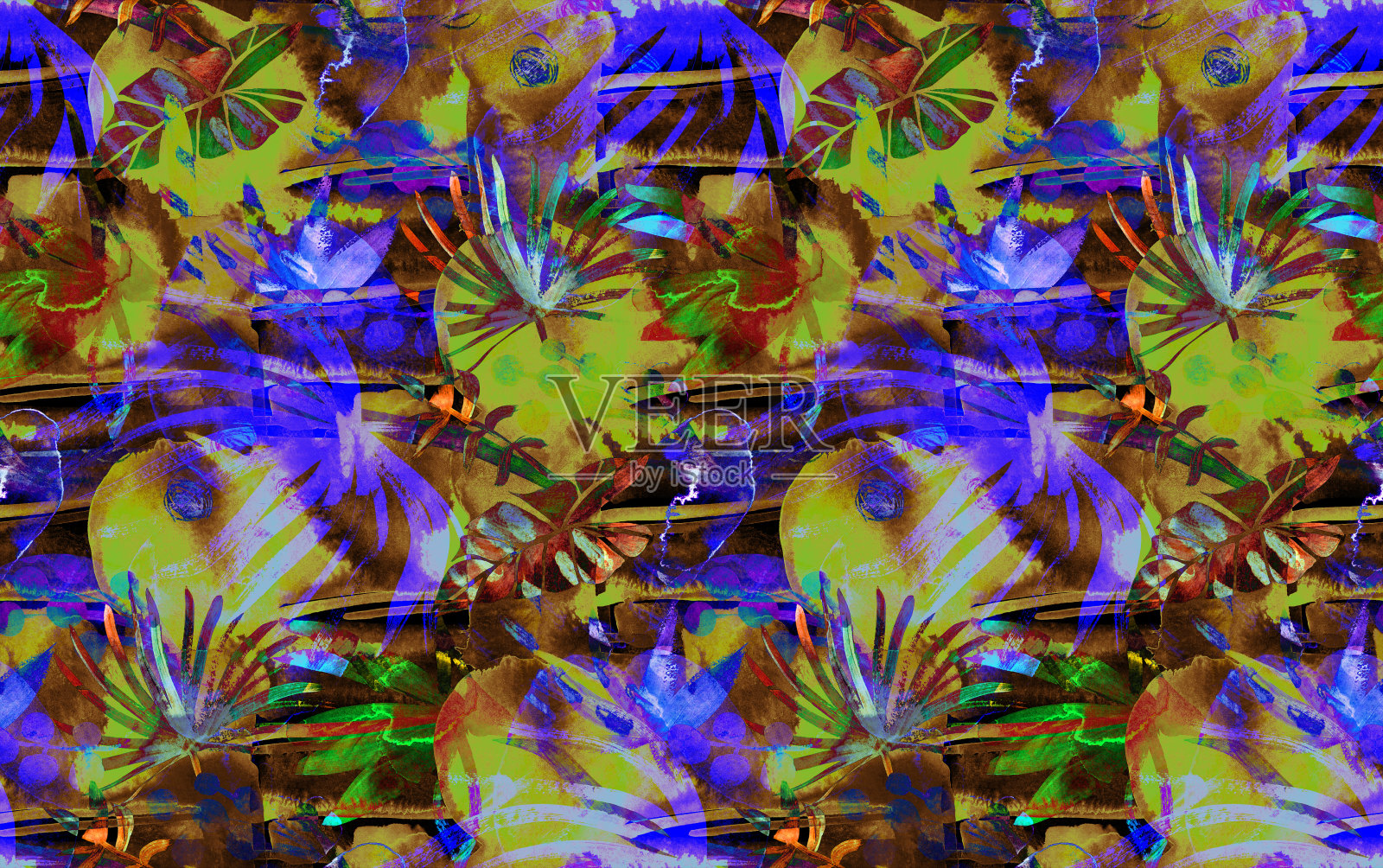 抽象的黑色植物热带无缝图案插画图片素材