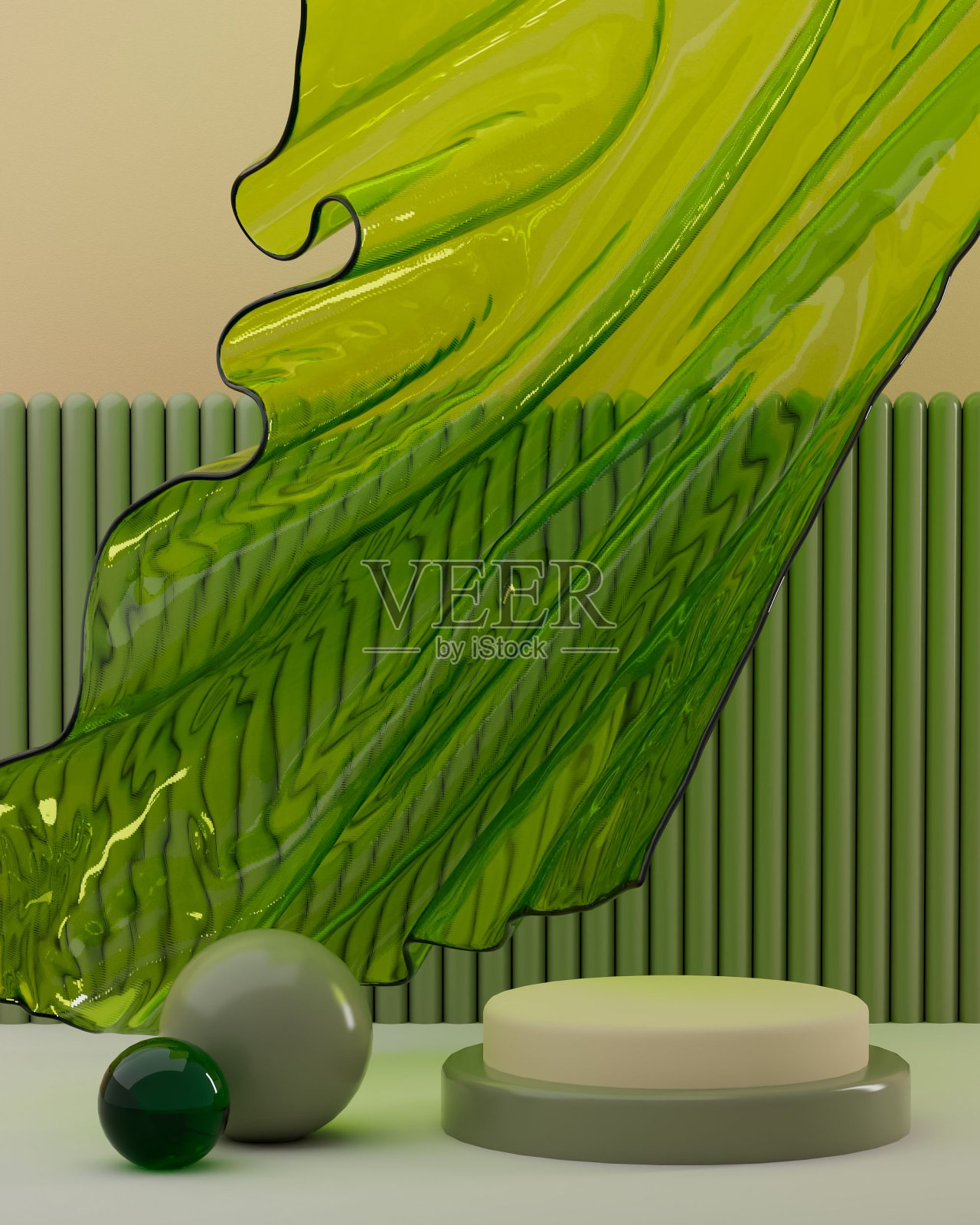 三维渲染的抽象设置与舞台产品展示和绿色透明织物照片摄影图片