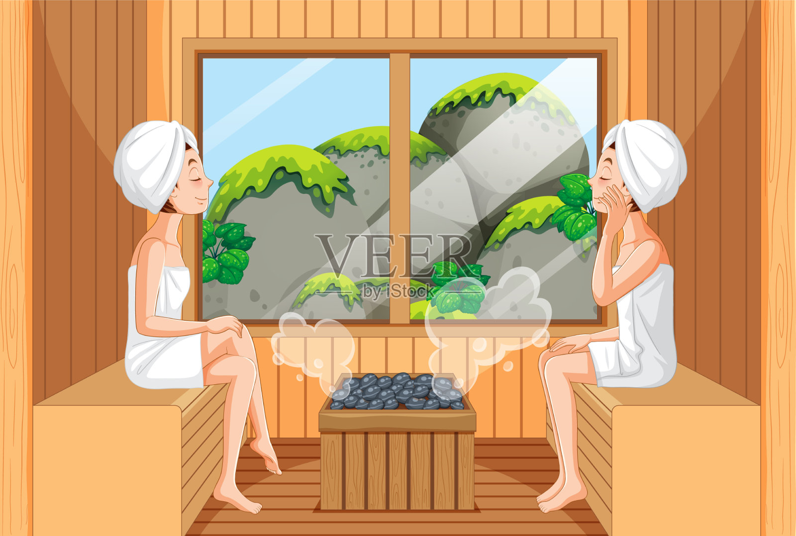 两个女人在桑拿房里插画图片素材