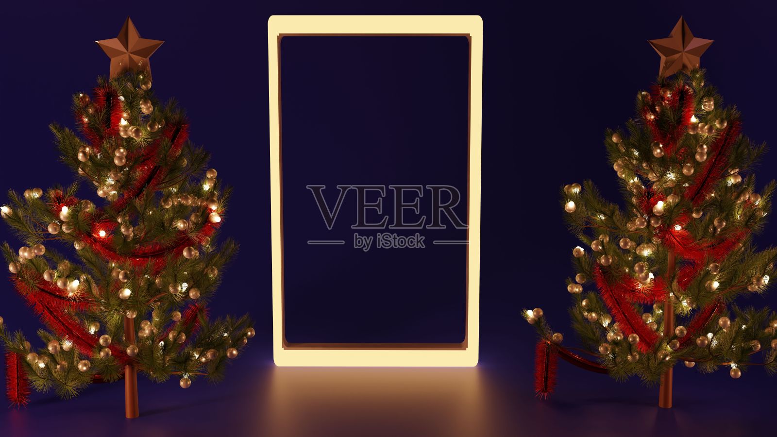 绘装饰的圣诞树在深蓝色的背景和方形灯照片摄影图片