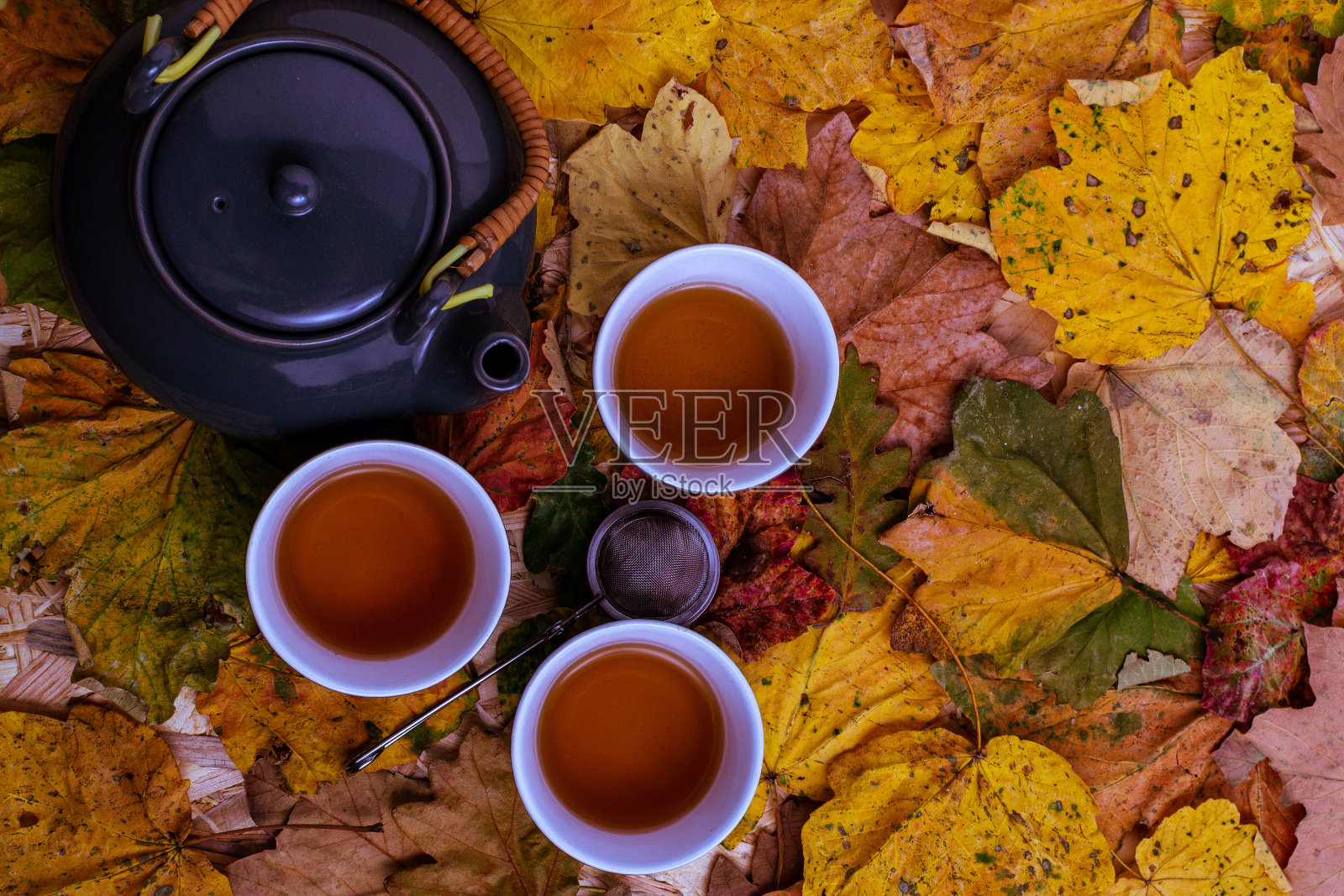 秋叶表面的灰色茶具俯视图照片摄影图片