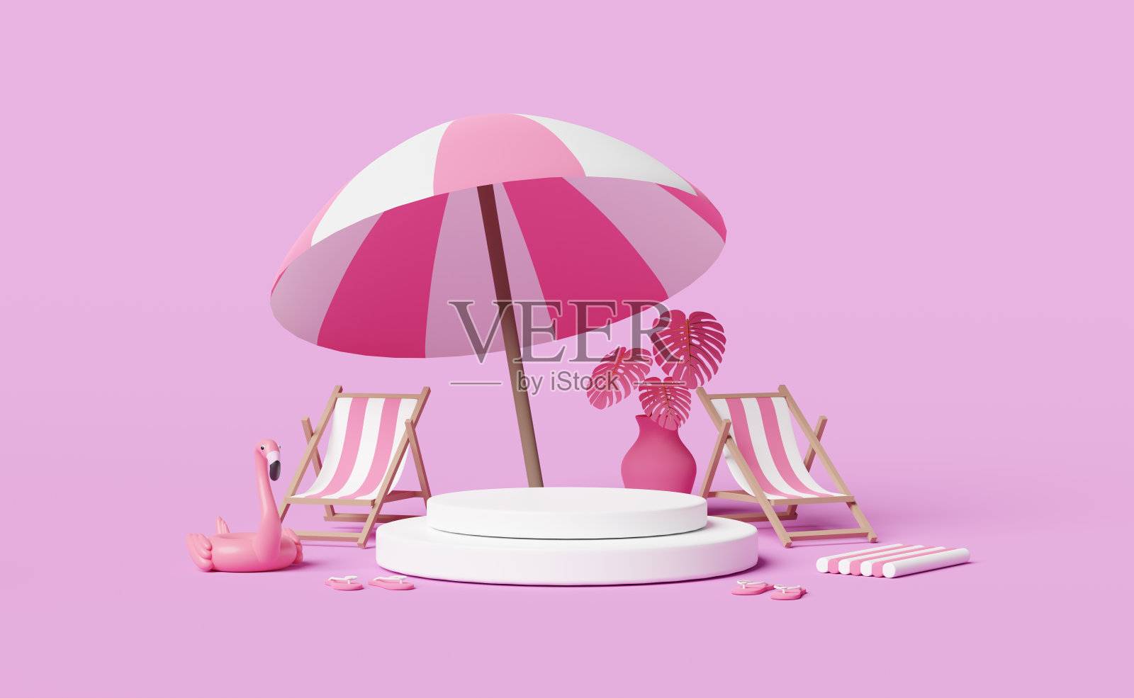 白色圆筒讲台空和沙滩椅设置夏天的海与伞,充气火鹤,凉鞋,橡胶筏,怪物叶孤立的粉红色背景,3d插图或3d渲染照片摄影图片