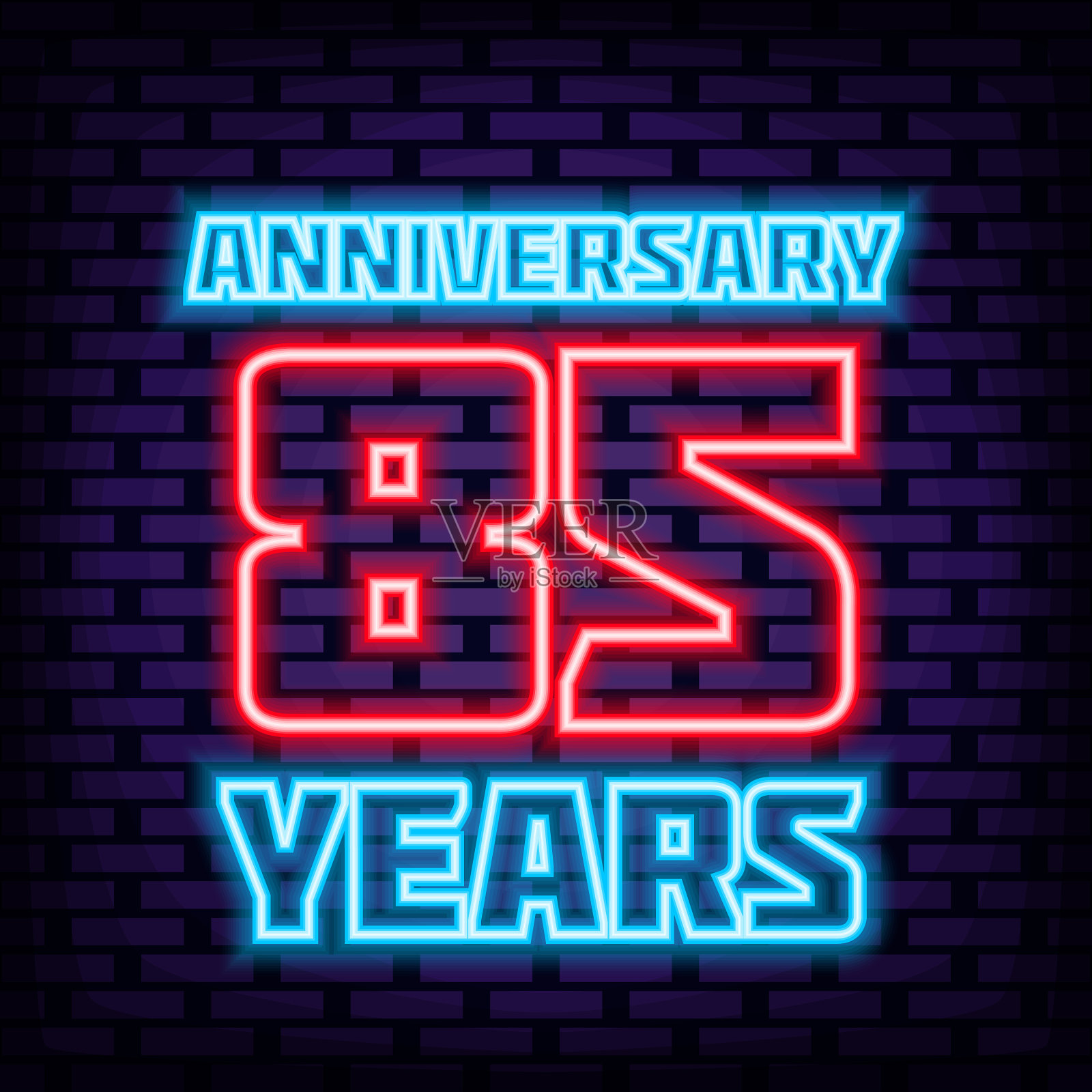 85周年纪念霓虹标志矢量。明亮的招牌。霓虹灯文本。插画图片素材