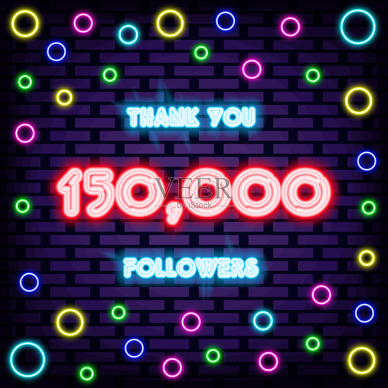 15万粉丝谢谢霓虹灯。明亮的招牌。光的艺术。插画图片素材