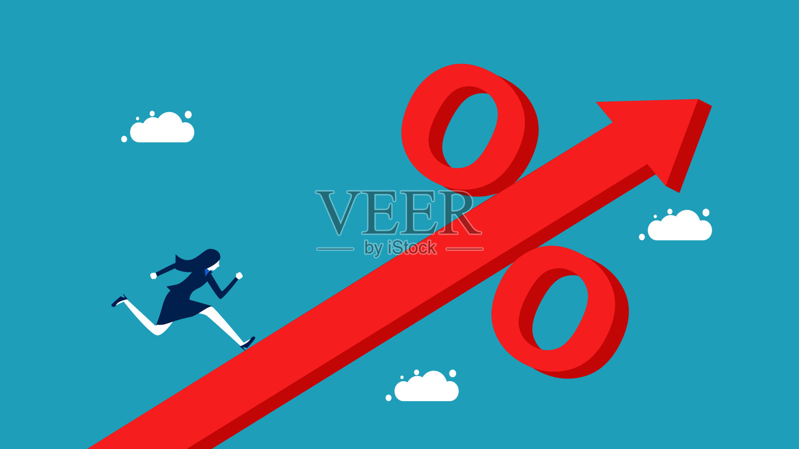 女商人跑在一个增加百分号的箭头上。寻求更高的回报率插画图片素材