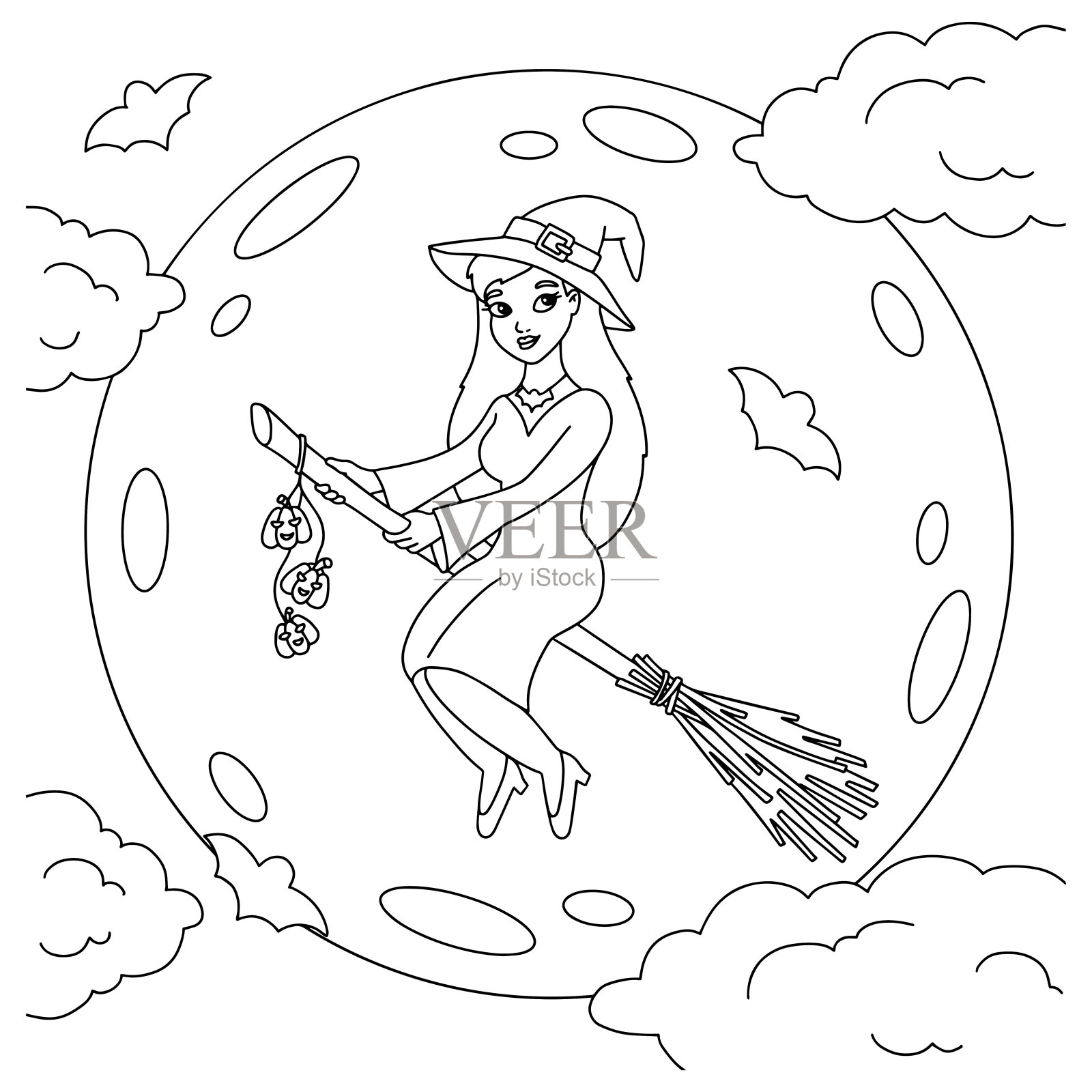 一个年轻的女巫晚上骑着扫帚飞行。儿童填色书页。卡通风格的角色。矢量插图孤立在白色背景上。万圣节的主题。插画图片素材