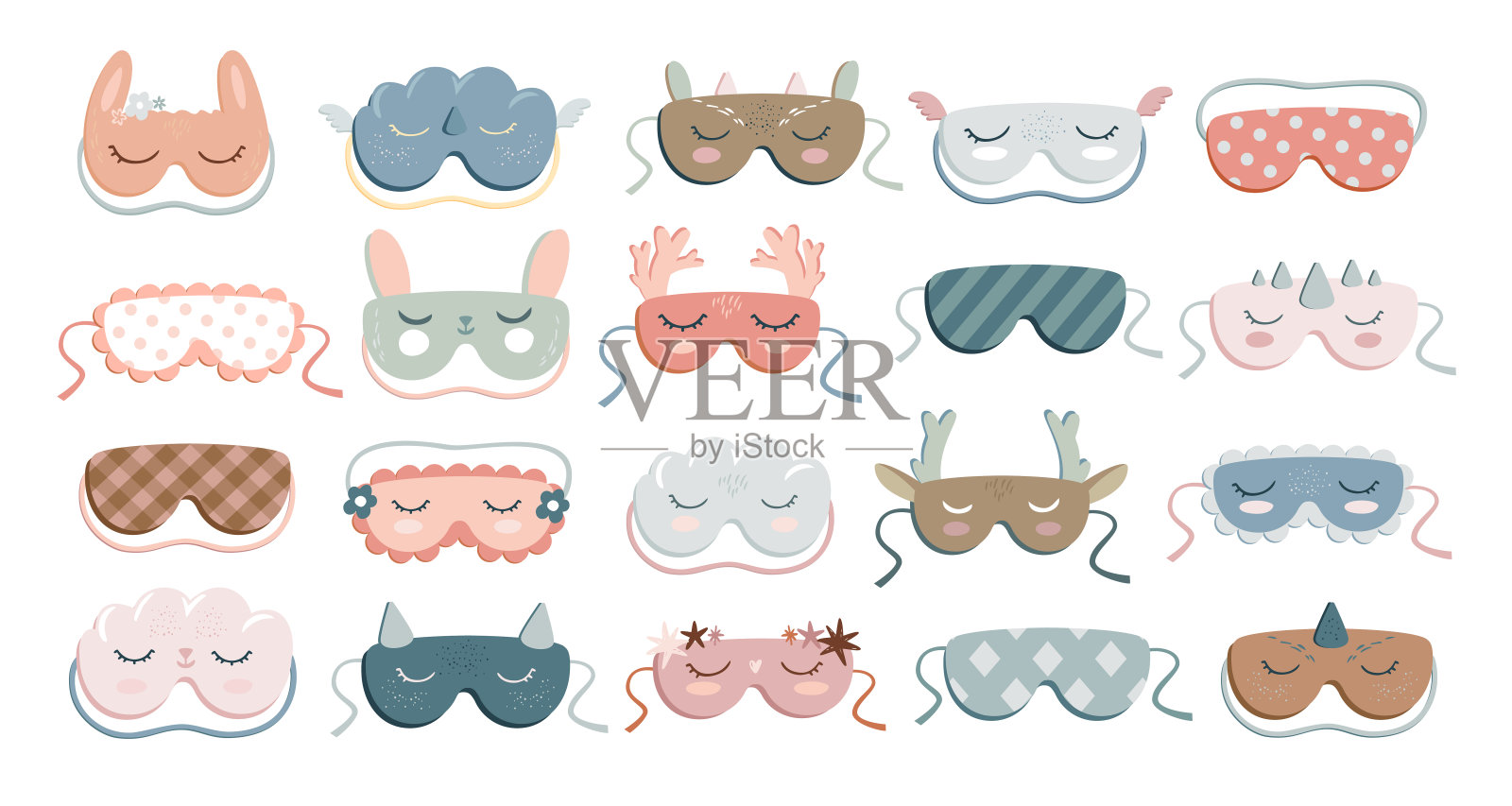 可爱的睡眠面具。美丽的眼罩配件与动物的脸和休息闭着的眼睛,放松面具和眼罩睡觉卡通矢量集插画图片素材