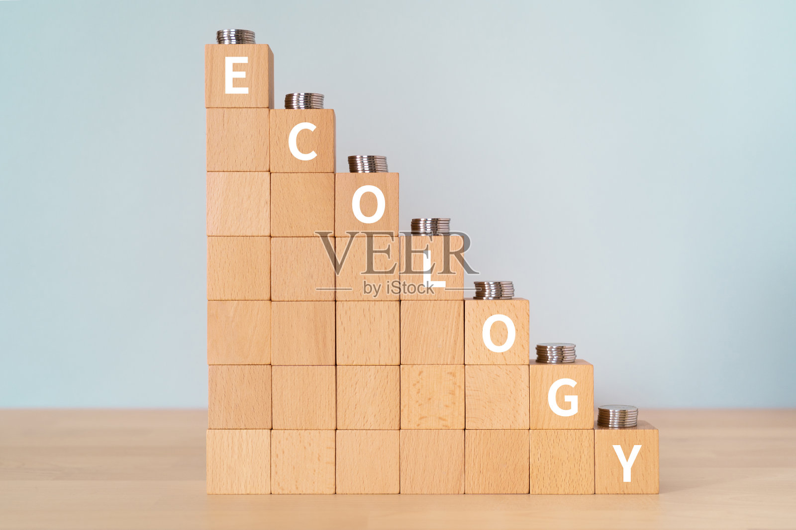 木块与“生态”文字的概念和硬币。照片摄影图片