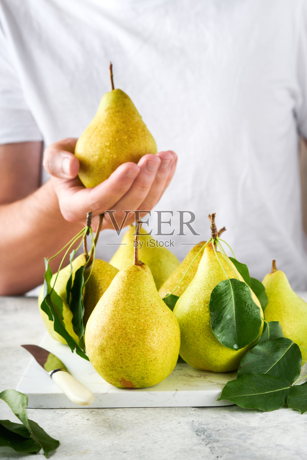 梨。新鲜甜美的有机梨,叶子放在架子或盘子上,背景是男性手拿梨。秋天丰收的果实。前视图。食品的背景。模拟。照片摄影图片