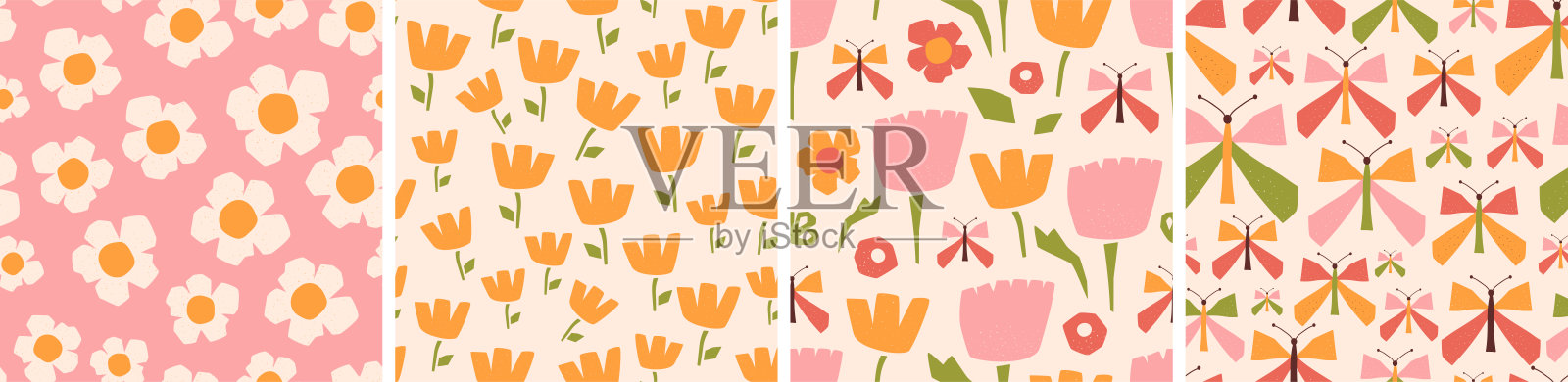 花卉剪纸。粉色雏菊图案套装。几何花朵形状,蝴蝶无缝图案集合。黄色夏季拼贴几何花朵。矢量插图。黛西的背景,打印。插画图片素材