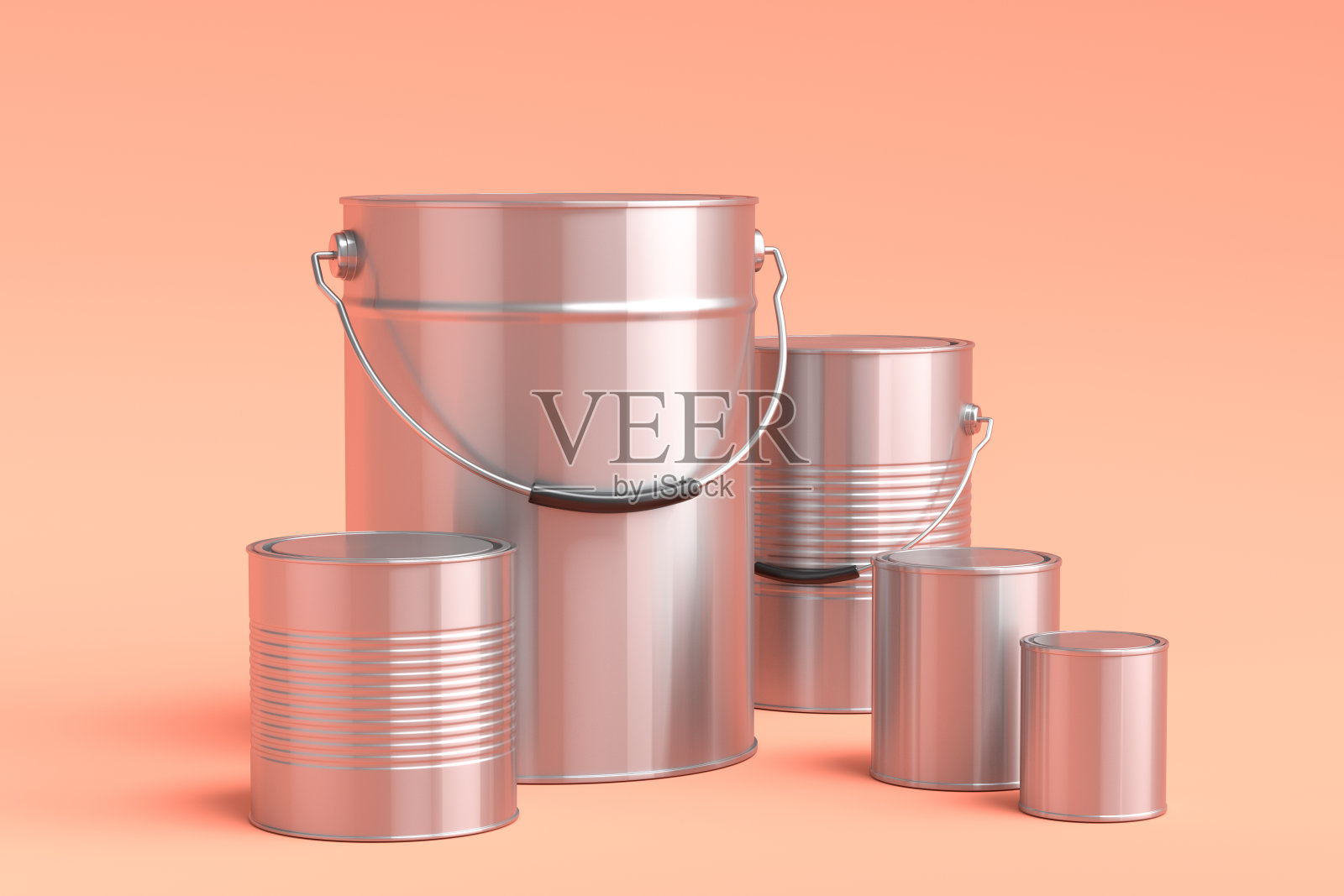 一套金属罐或桶的油漆,手柄为橙色背景。照片摄影图片