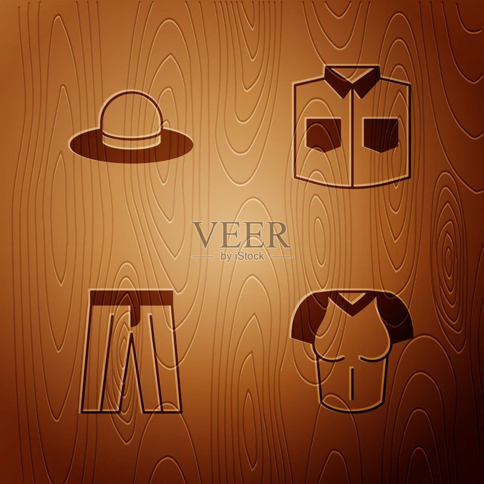 把t恤男人帽子裤子和衬衫放在木头上图标素材