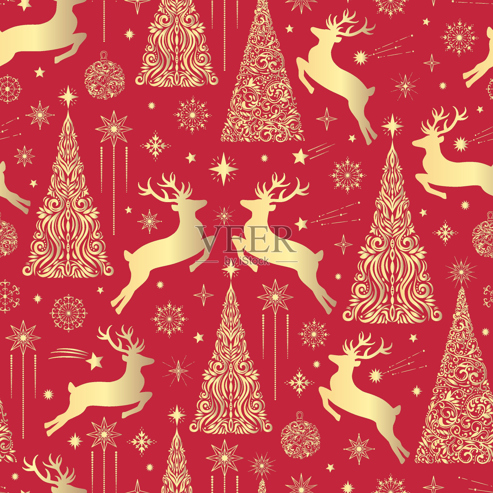 手绘无缝图案的金色装饰圣诞树,驯鹿,雪花,星星。向量草图元素。圣诞插图贺卡,墙纸,包装纸,织物插画图片素材