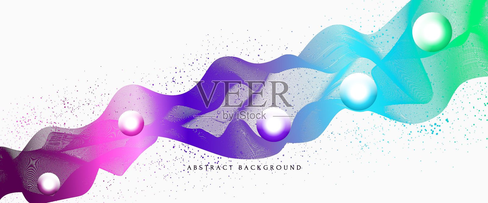 抽象的彩色波浪线,流动的条纹和闪电球。插图的软曲线形状混合网格孤立的白色背景。装饰动态矢量背景壁纸,封面插画图片素材