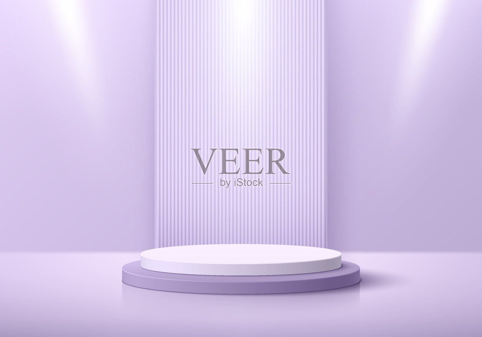 逼真的3D白色,淡紫色圆柱形底座与聚光灯和垂直图案背景。抽象最小场景实物展示。展示的舞台。向量的几何形式。插画图片素材