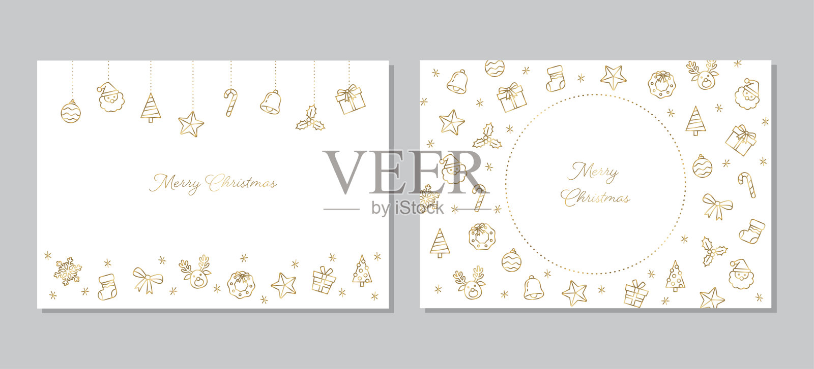 圣诞卡片模板集,设计框架,白色背景金色插图设计模板素材