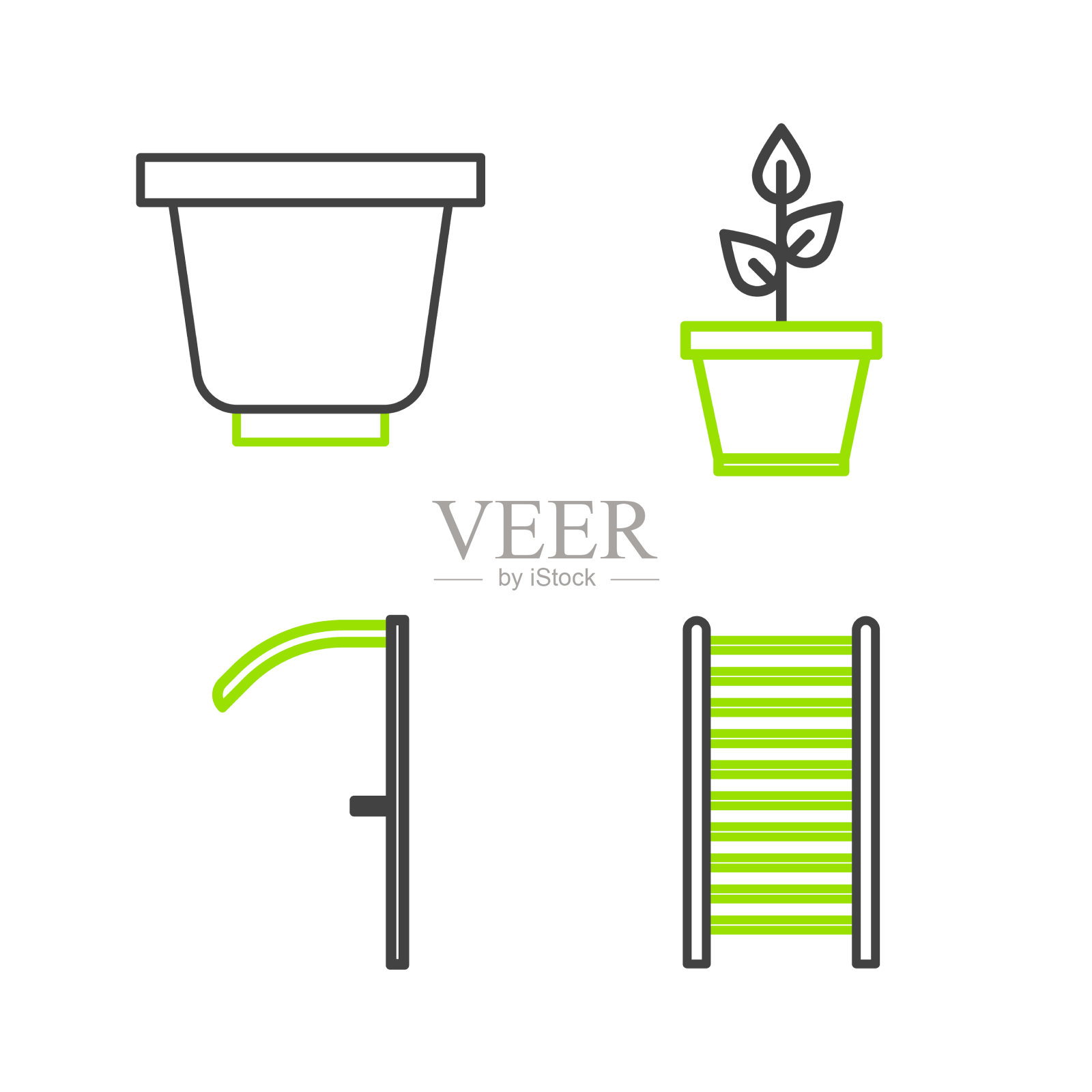 设置线木楼梯镰刀植物在花盆图标素材