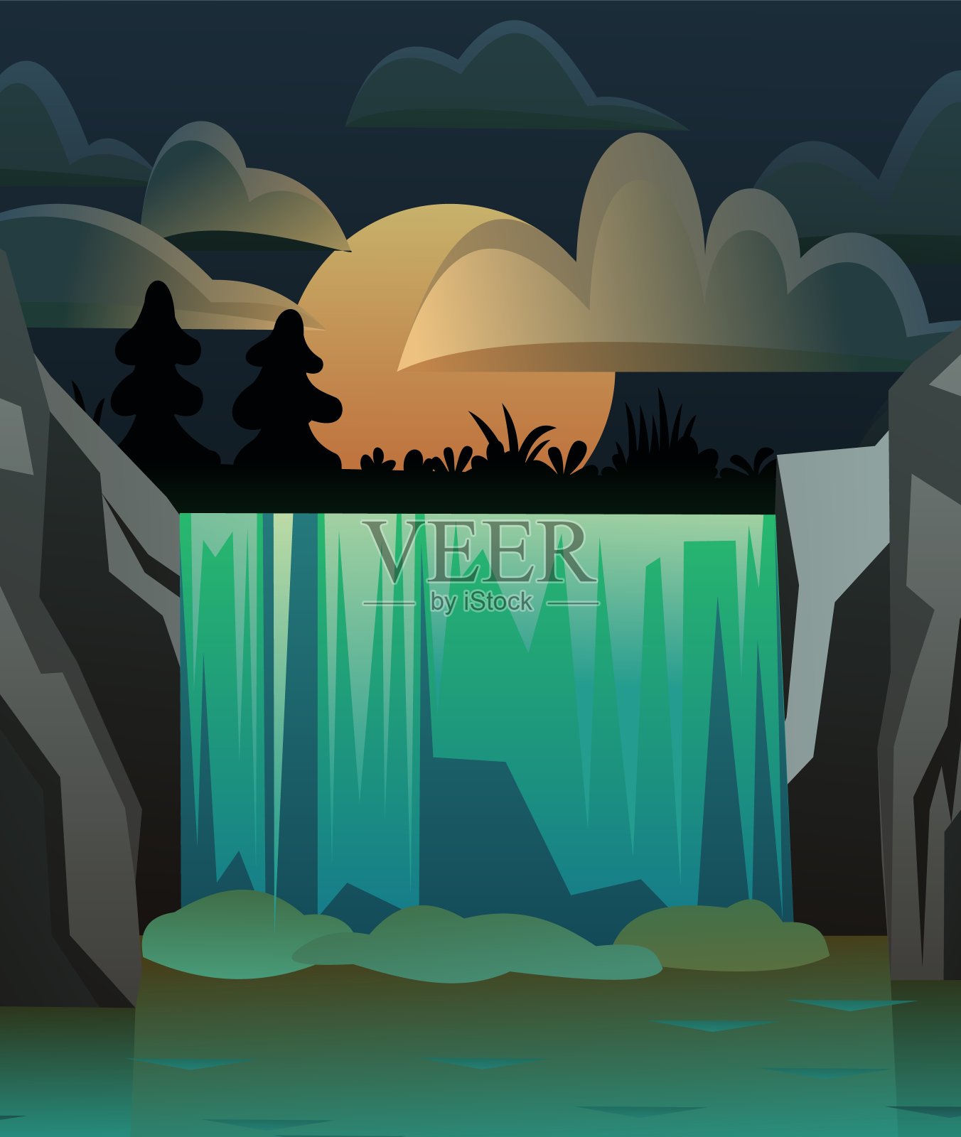 在岩石瀑布。月光的夜晚。景观与岩石和河流之间的石头。水是流动的。色斑是浇注。卡通有趣的风格。平面设计。向量。插画图片素材