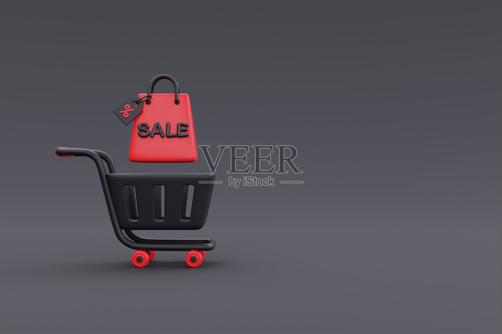 黑色星期五超级销售与购物车和袋子,圣诞节和新年的促销,3d渲染。照片摄影图片