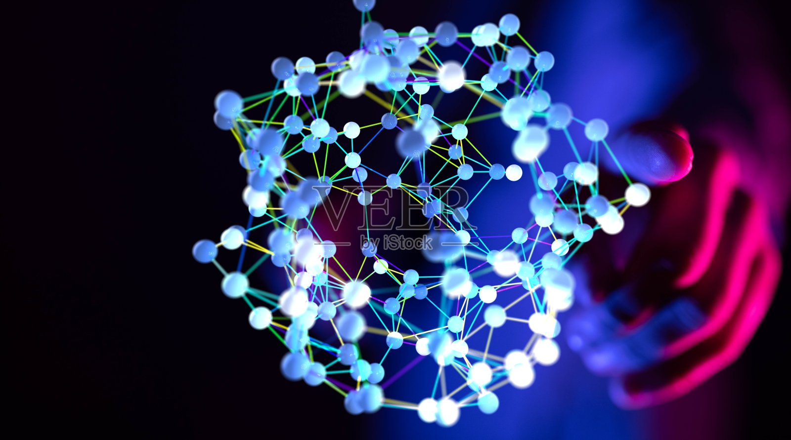 一个抽象的未来-分子技术与多边形形状在深蓝色背景。照片摄影图片