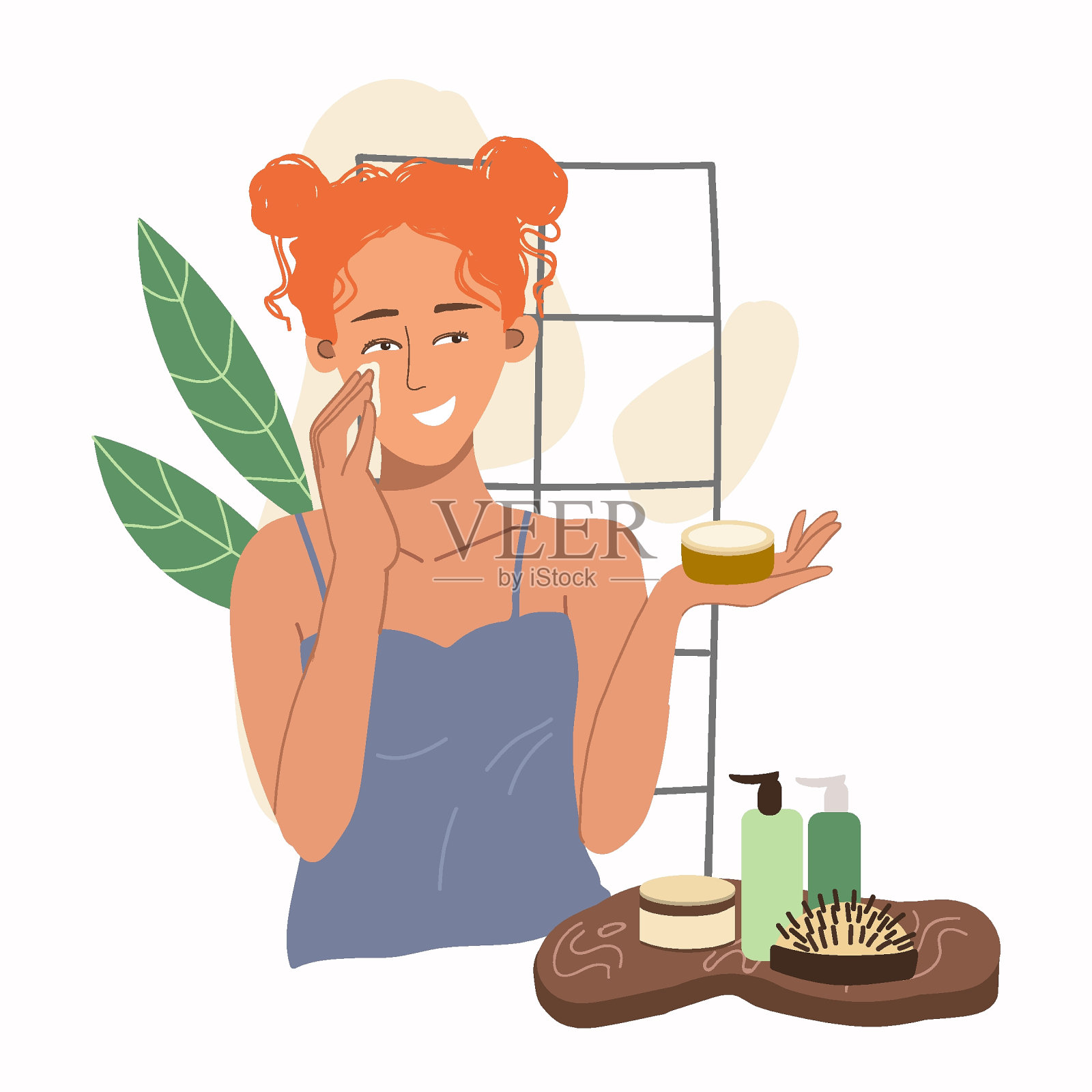 皮肤护理的概念。女人做美容温泉程序为脸,为皮肤,涂抹面霜。早晨例行公事。有机产品。平面卡通风格的矢量插图。插画图片素材