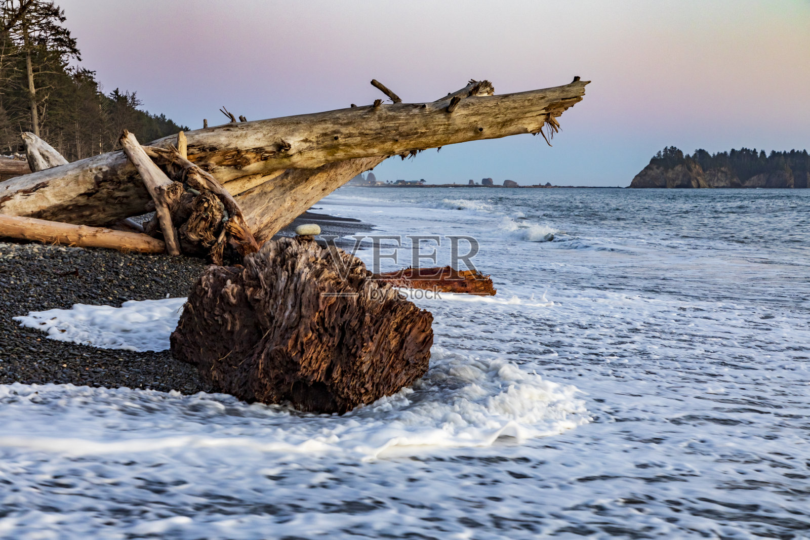 在奥林匹克国家公园里的里阿尔托海滩,美丽的日落和岸边的浮木。照片摄影图片