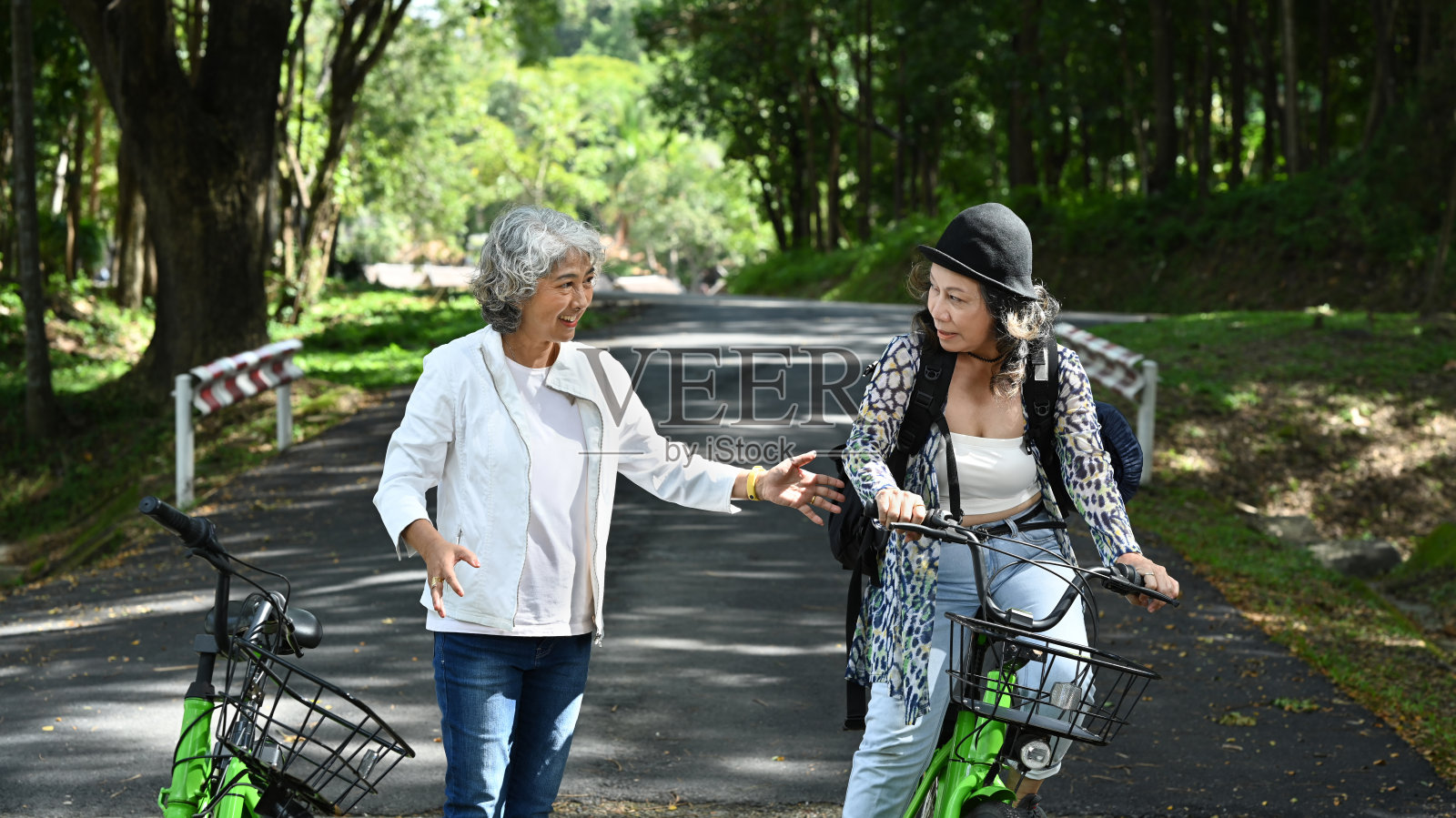 两个成熟的女人骑着自行车在公园散步在一个美丽的日子。退休人士的生活方式观念。照片摄影图片