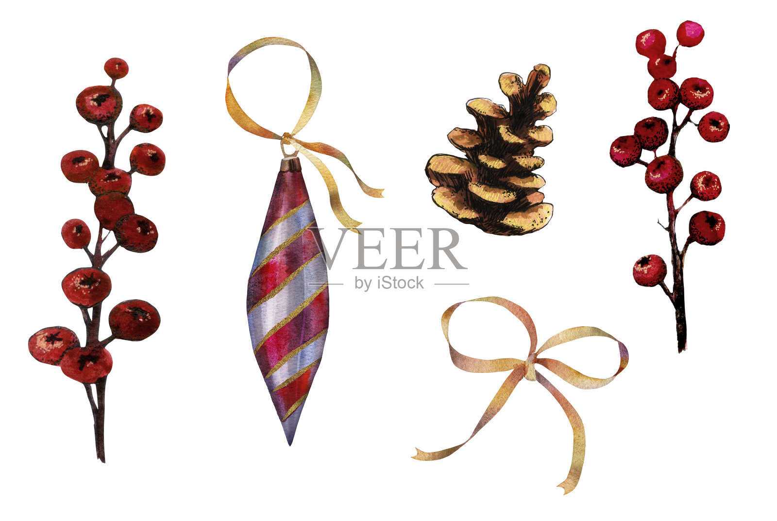 圣诞装饰捆绑树,红色的冬天浆果用水彩画插画图片素材
