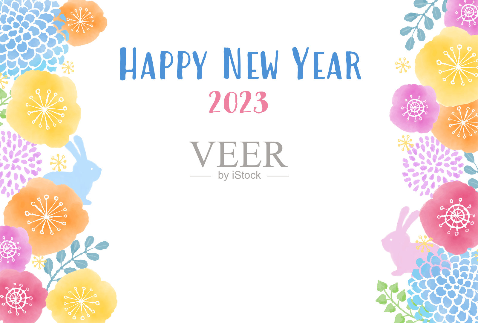 2023年兔年卡斯堪的纳维亚风格水彩触花插画图片素材