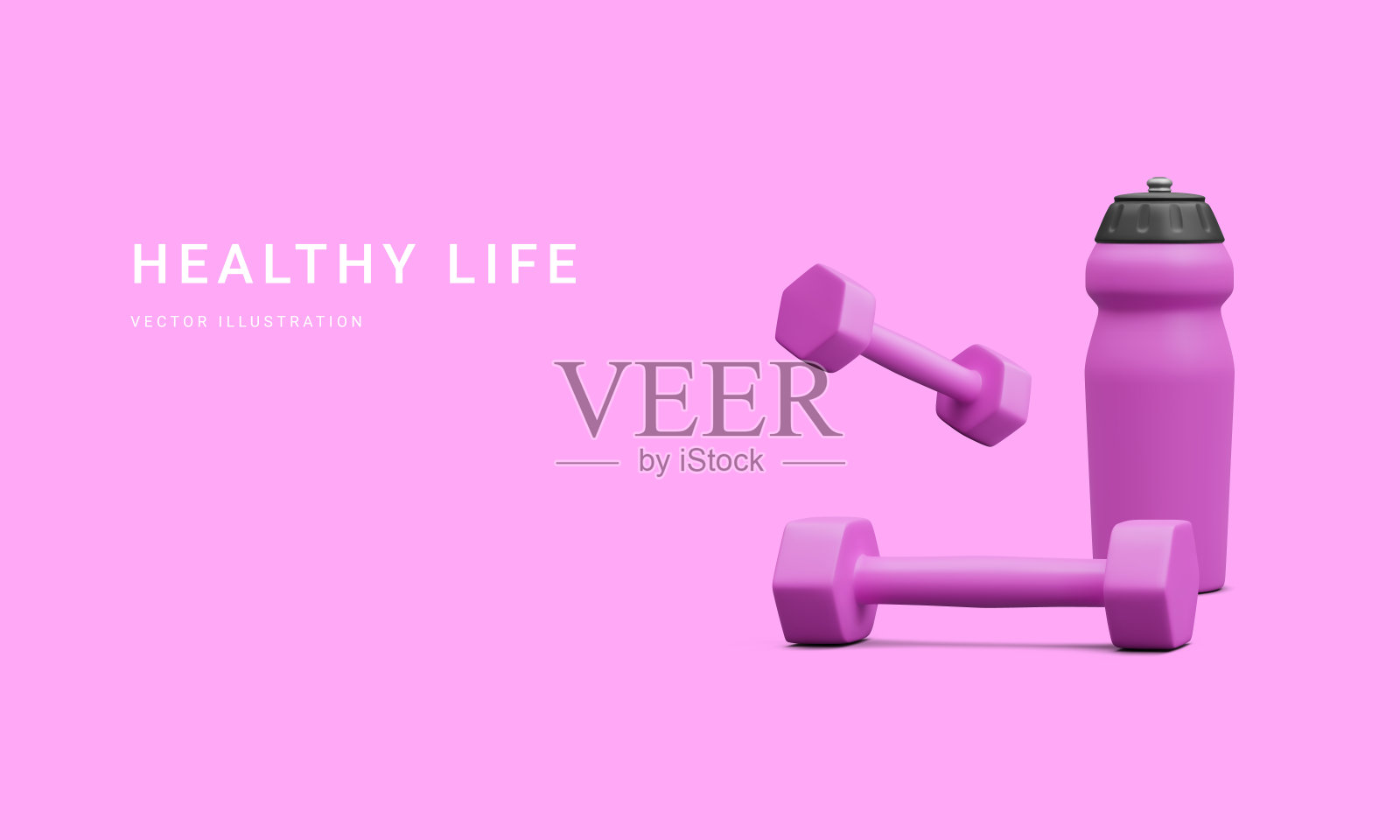 一套3d逼真的运动设备。哑铃和水瓶隔离在光背景。健康的生活方式的概念。健身库存。矢量图插画图片素材