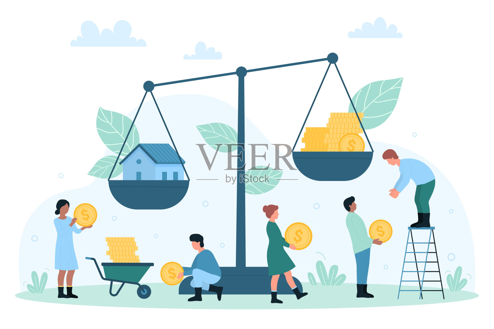 投资房地产,预算和储蓄,小人把金币放在规模插画图片素材