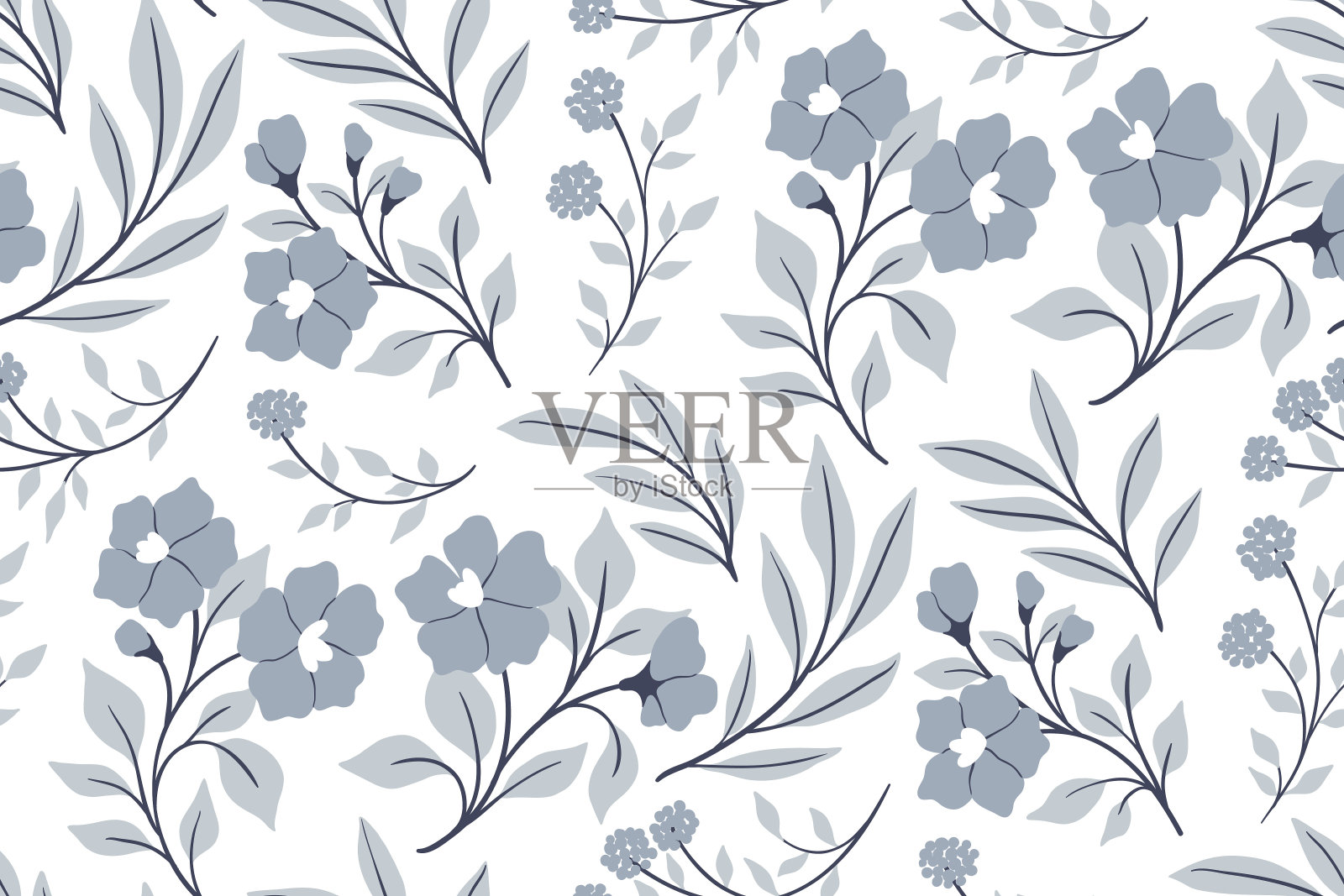 无缝的花卉图案;质朴的,民间花卉设计与可爱的装饰艺术植物:蓝色的花,树枝,树叶在白色的背景。向量。插画图片素材