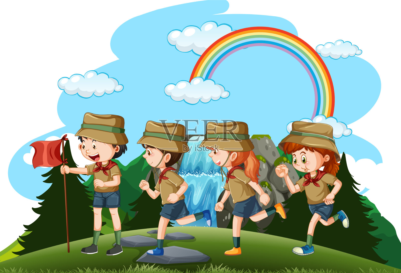 童子军的孩子们在森林里远足设计元素图片