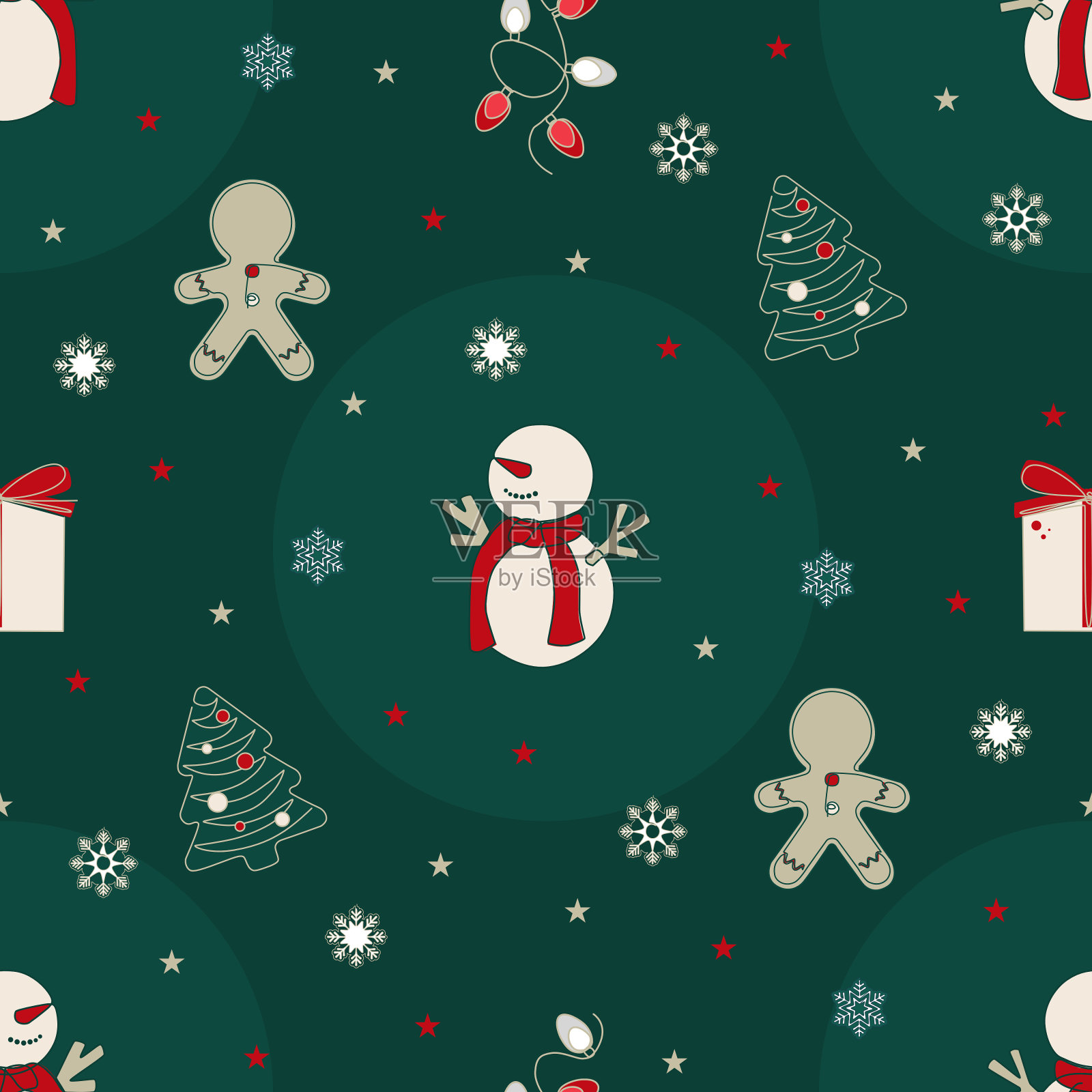 圣诞无缝图案与雪人,姜饼,花环,圣诞树,礼物在平面设计插画图片素材