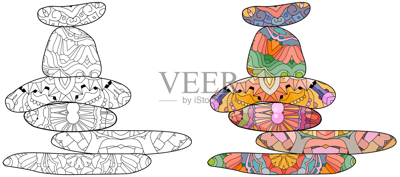 用装饰石头制作的平衡插图,用于给页面上色。颜色和轮廓设置。插画图片素材