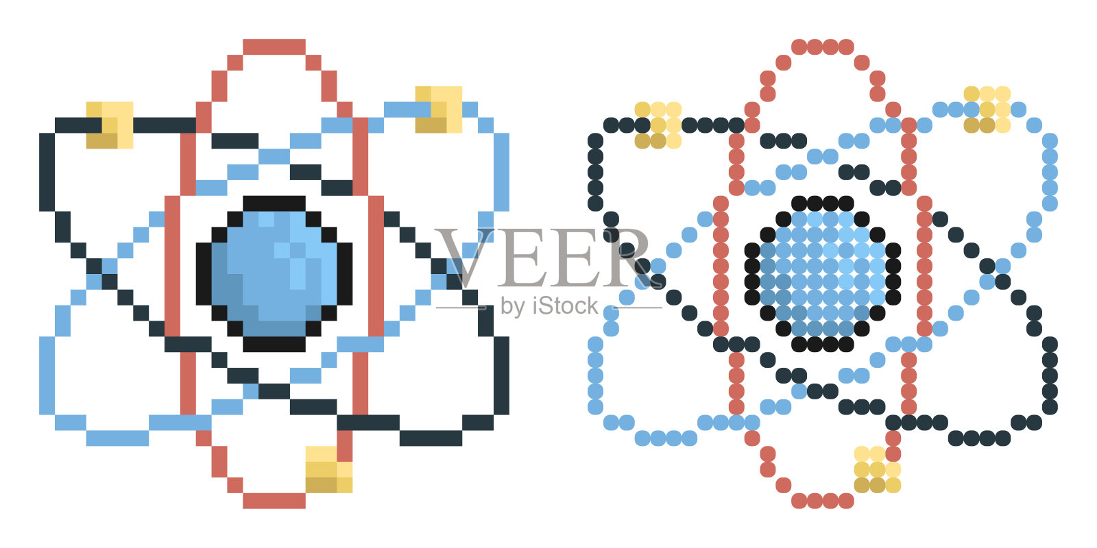 像素图标。原子,电子在轨道上围绕质子旋转。学校的物理教育。核能。简单的复古游戏矢量孤立在白色背景上插画图片素材