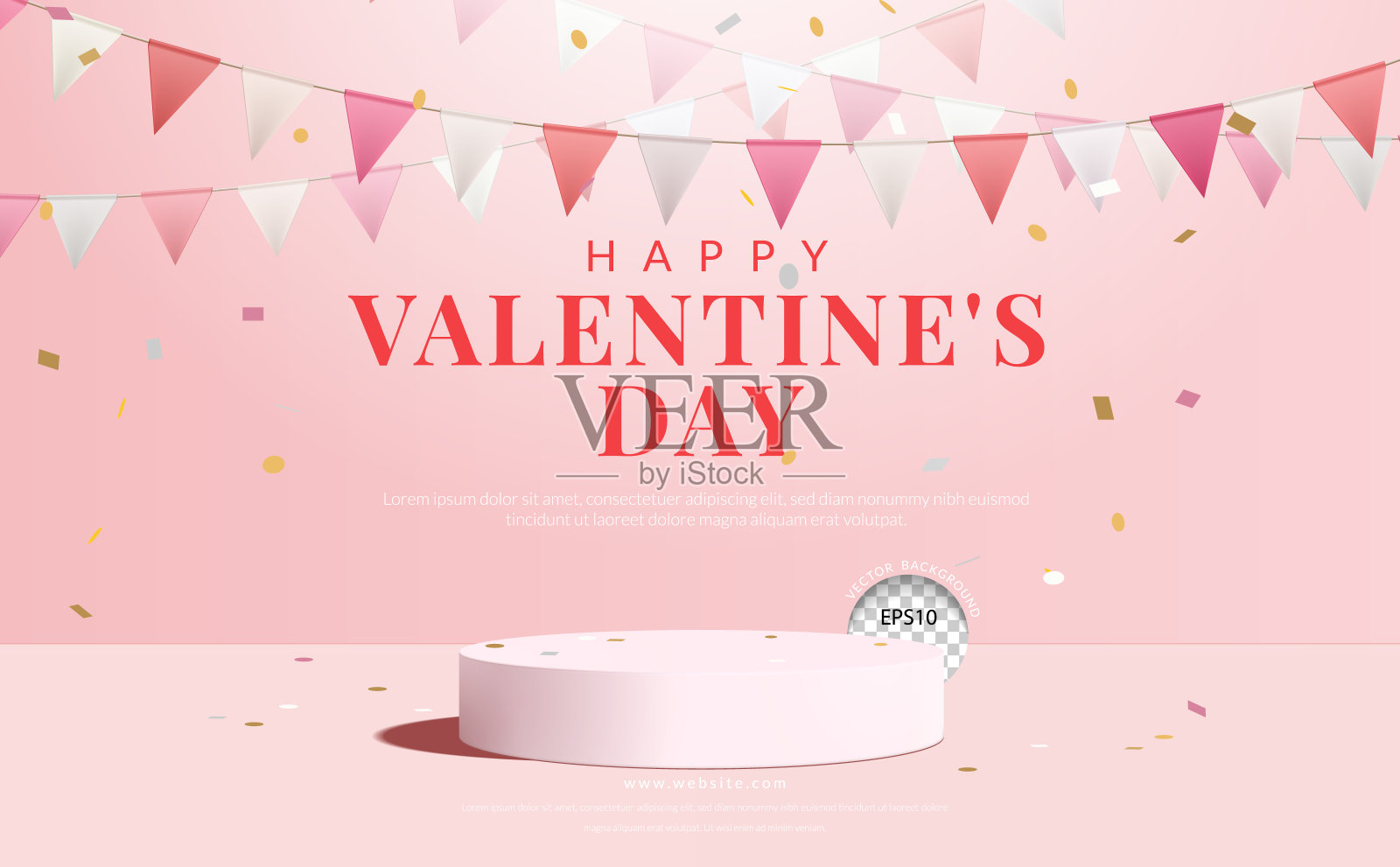 粉色讲台上的旗帜和粉色背景上的五彩纸屑,情人节的产品展示概念,矢量插图设计模板素材
