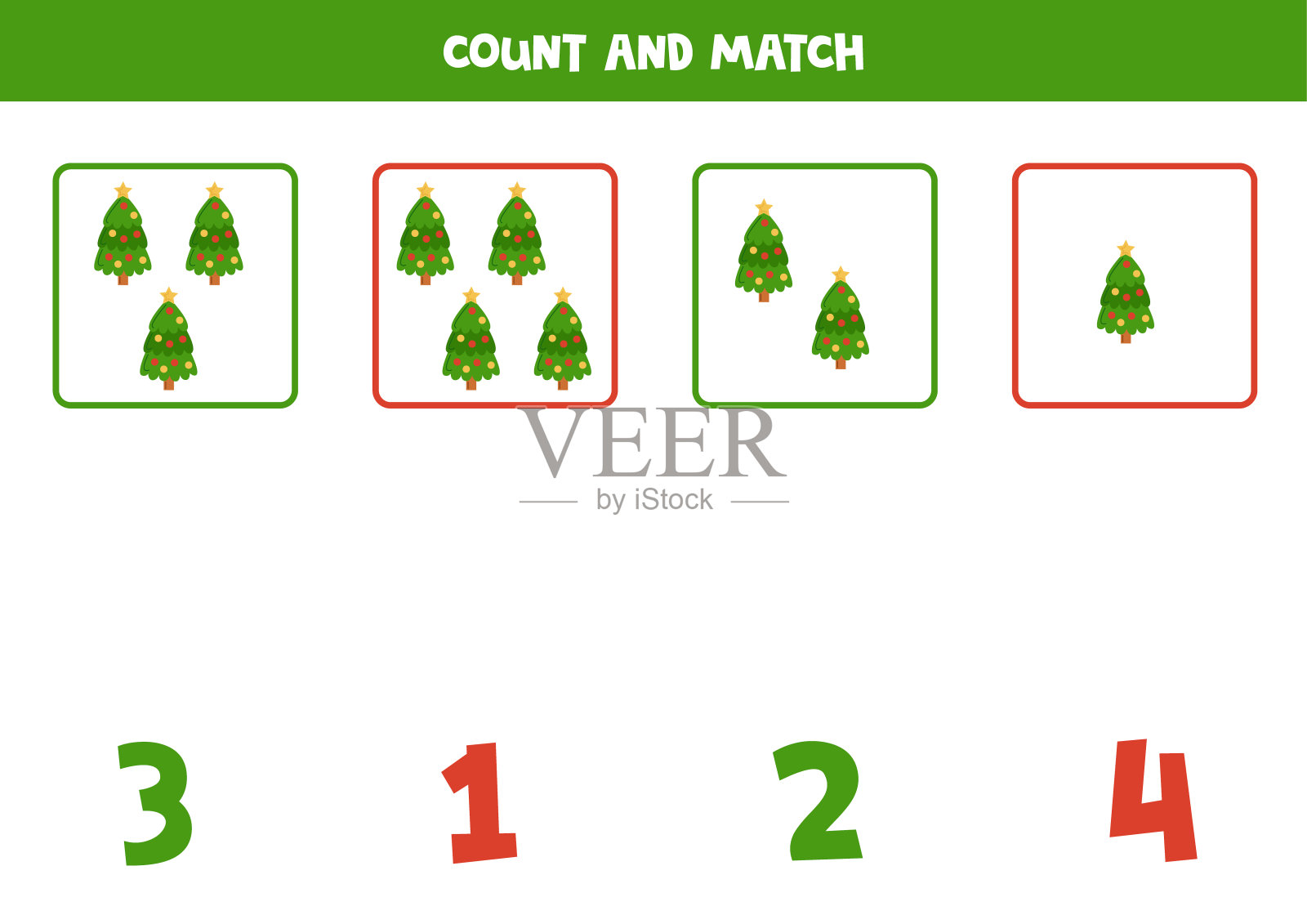 儿童数数游戏。数所有的圣诞树并与数字匹配。对儿童工作表。插画图片素材