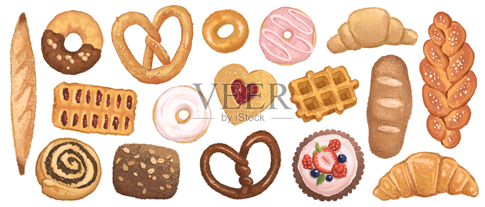 面包店的产品集。手绘水彩逼真的详细矢量插图法棍,羊角面包,奶油蛋糕,纸杯蛋糕和甜甜圈孤立在白色背景插画图片素材