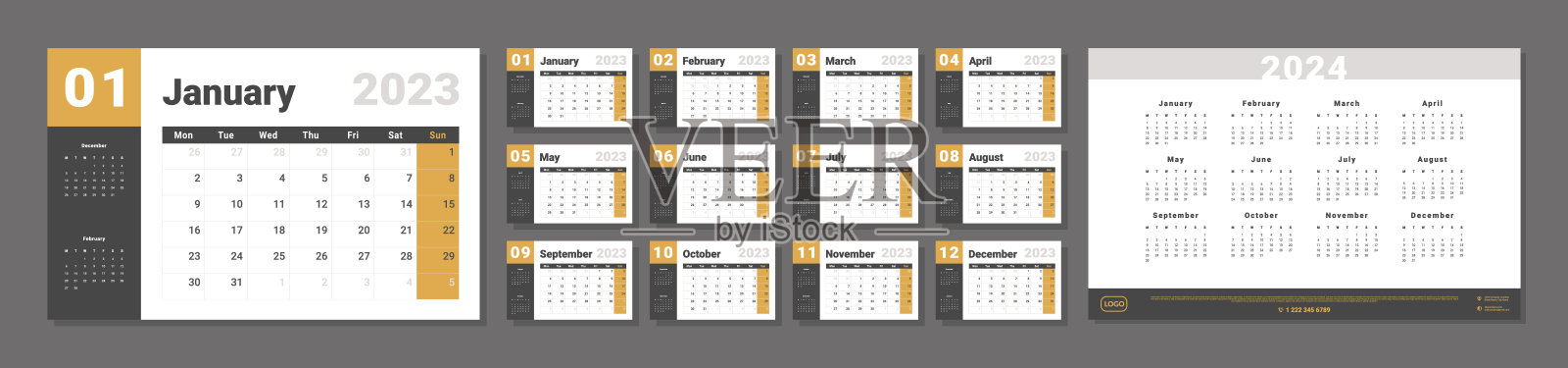 2023-2024日历规划模板。矢量布局的墙壁或书桌简单日历周开始星期一在黄色和灰色的颜色打印设计模板素材