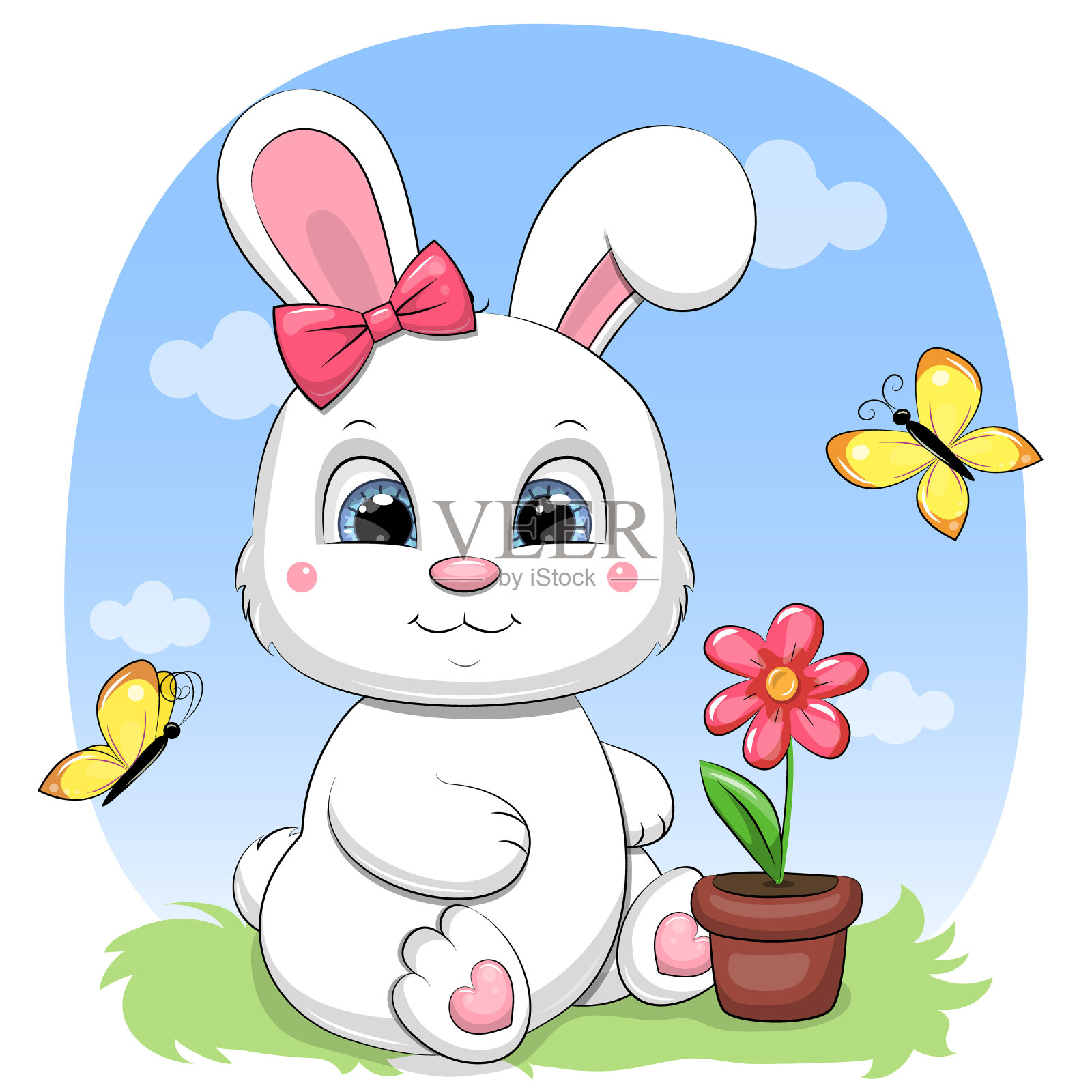 可爱的卡通小白兔,花盆和蝴蝶。设计元素图片