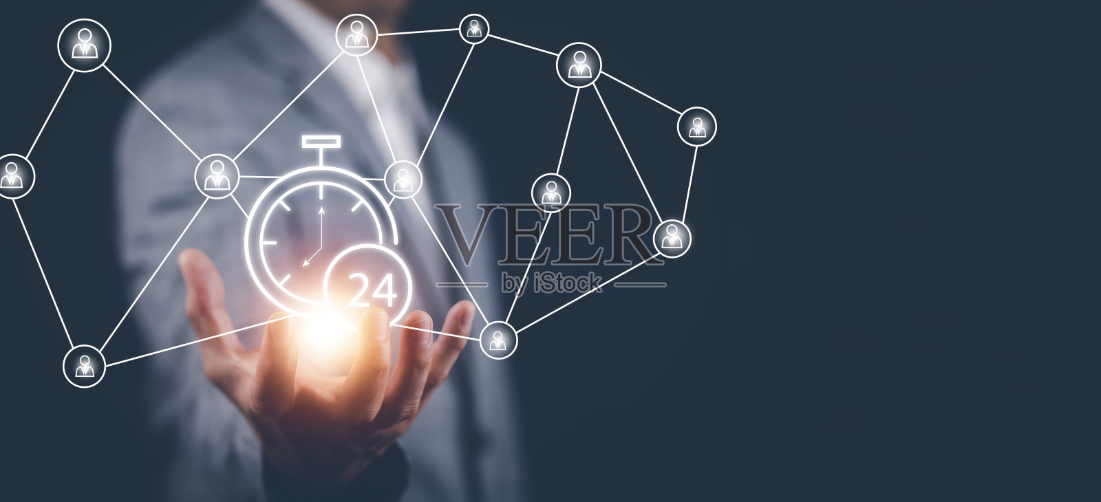 时钟24小时服务和人图标概念,商人手握时钟和线人图标,时间管理和商务工作计划,日常日程的安排的想法和概念,照片摄影图片