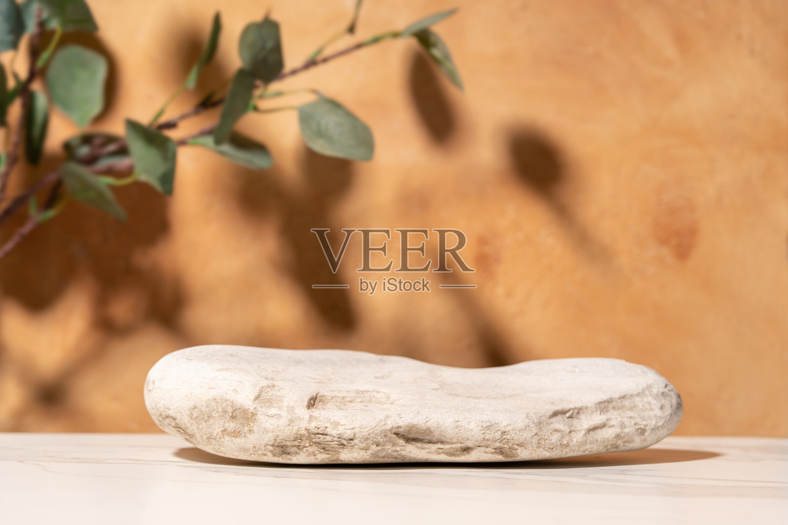 化妆品展示的自然空背景,用石头和桉树制作的包装模型。最小的自然场景。前视图,复制空间。照片摄影图片