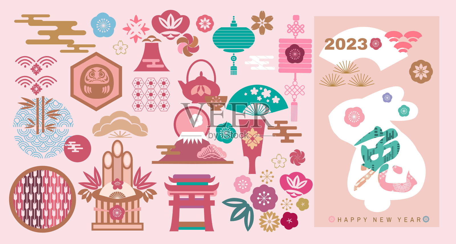 2022年日本新年设定元素插画图片素材